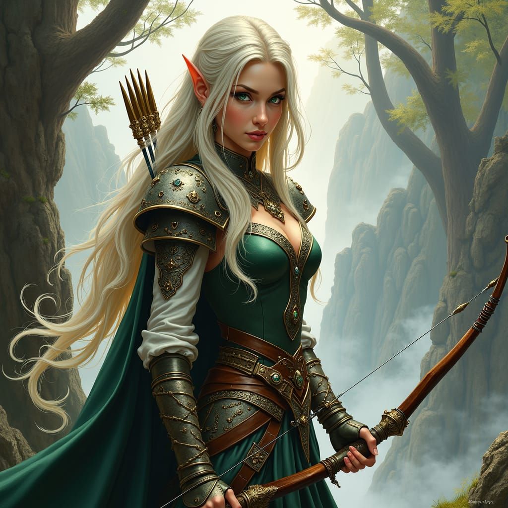 Elven Ranger in Misty Mountains, Oil Painting