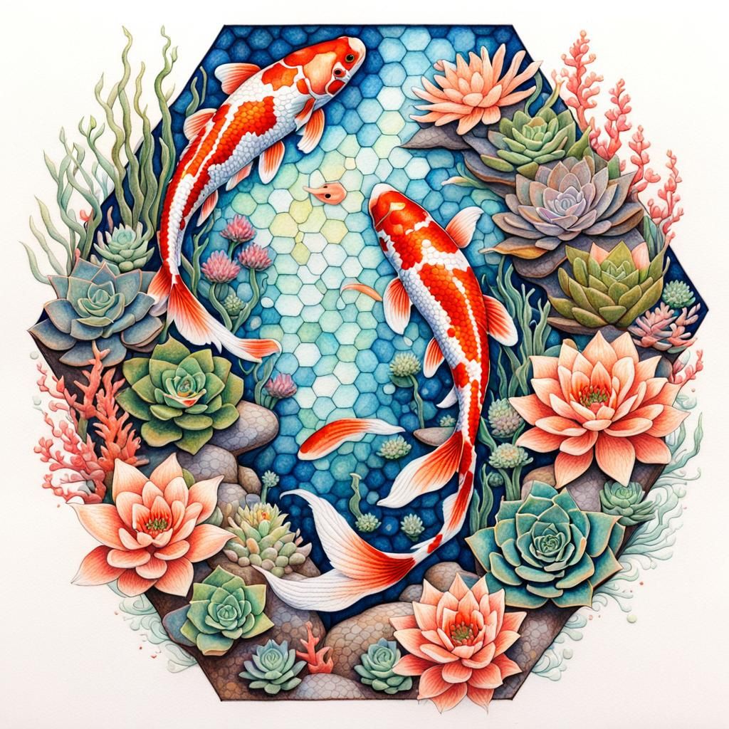 Koi Fish in Floral Hexagon: A Colored Pencil Fantasy