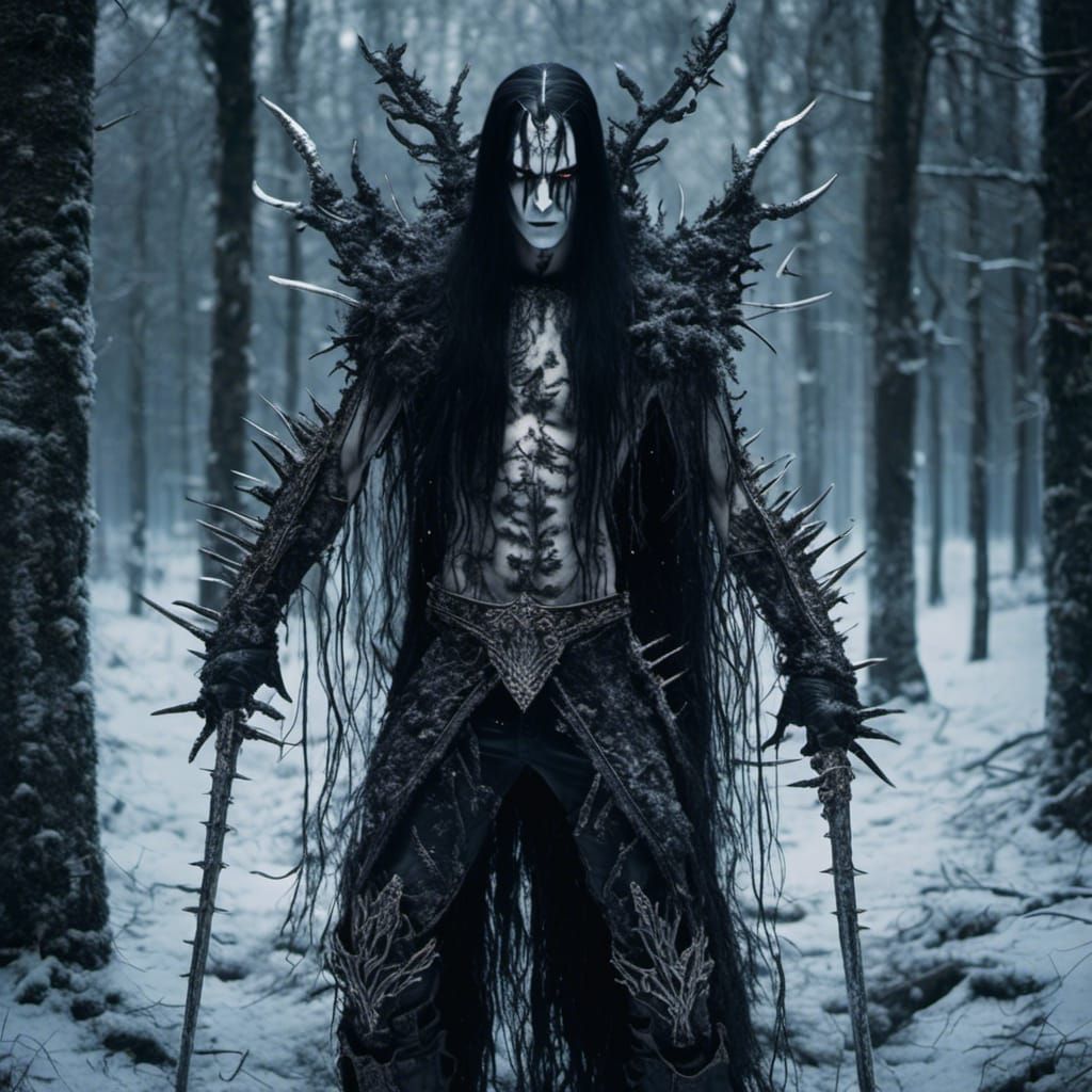 Black Metal Warrior in Winter Forest