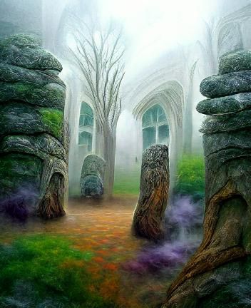 Fantasy Art: Foggy Hall of Trees and Stone