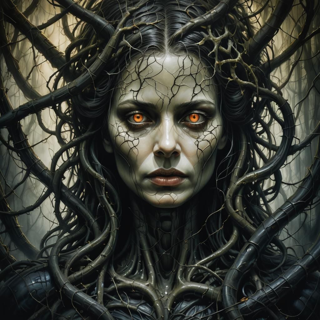 Eerie Portrait: Woman with Glowing Eyes in Dark Surrealism