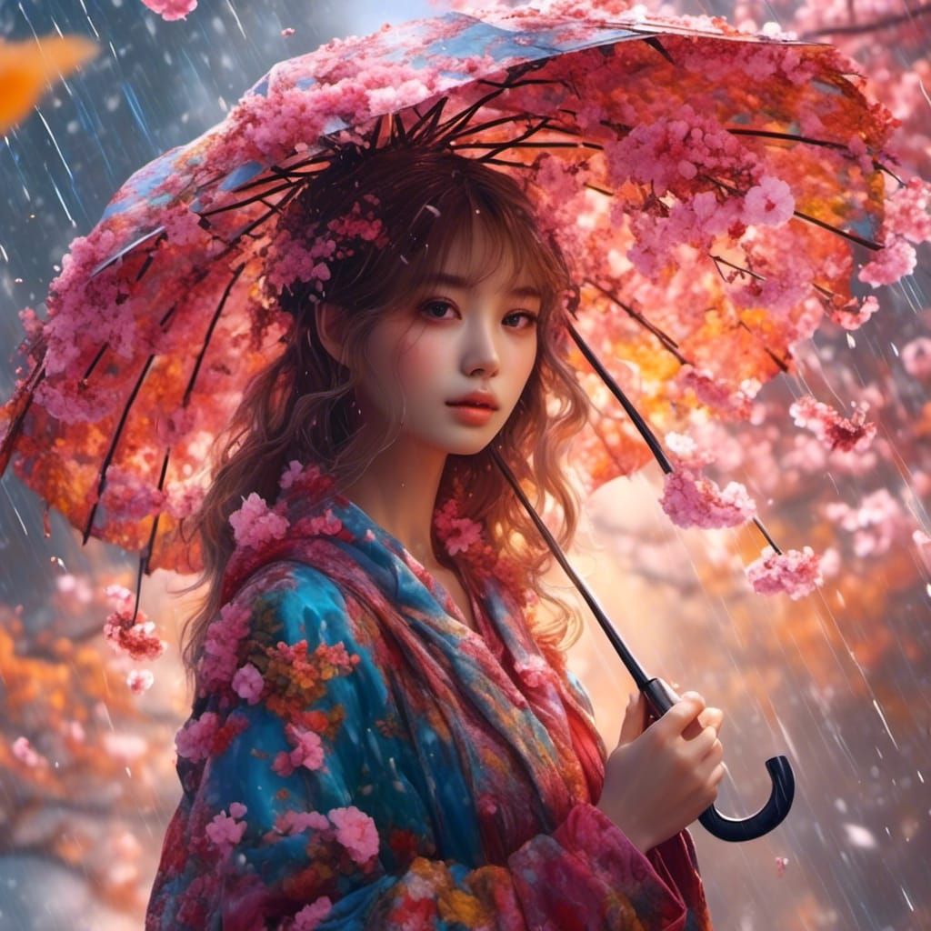 Four Seasons Umbrella Girl in Hyperreal Style