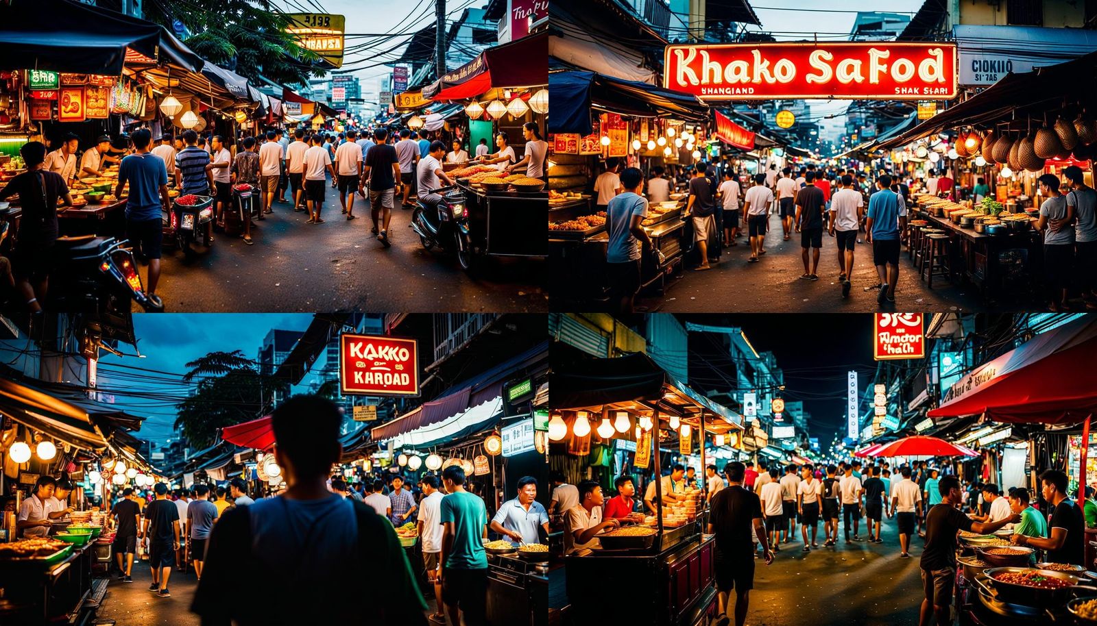 Walking through khao san road in the Bangkok street food district in thailand. Surrounded by local cuisine and tourists ...