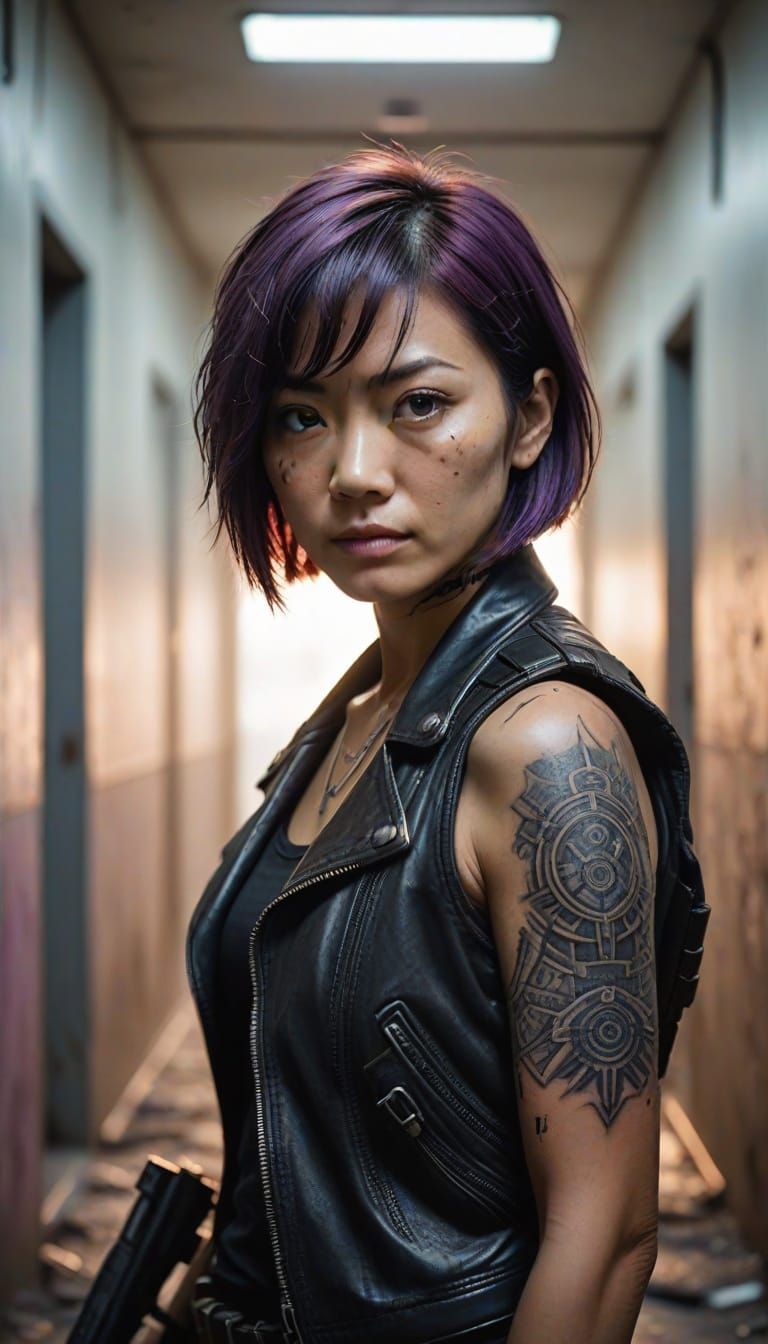 Tattooed Woman in Leather Jacket in Abandoned Hospital