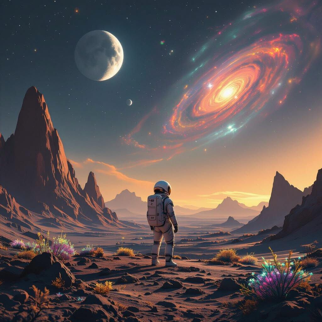 Astronaut Gazes at Alien Sky with Two Moons