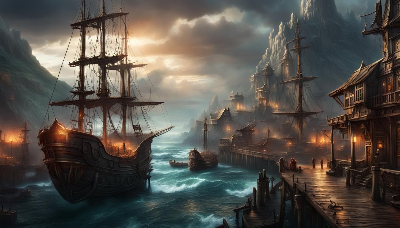 Epic Fantasy Pirate Port Village: Digital Matte Painting