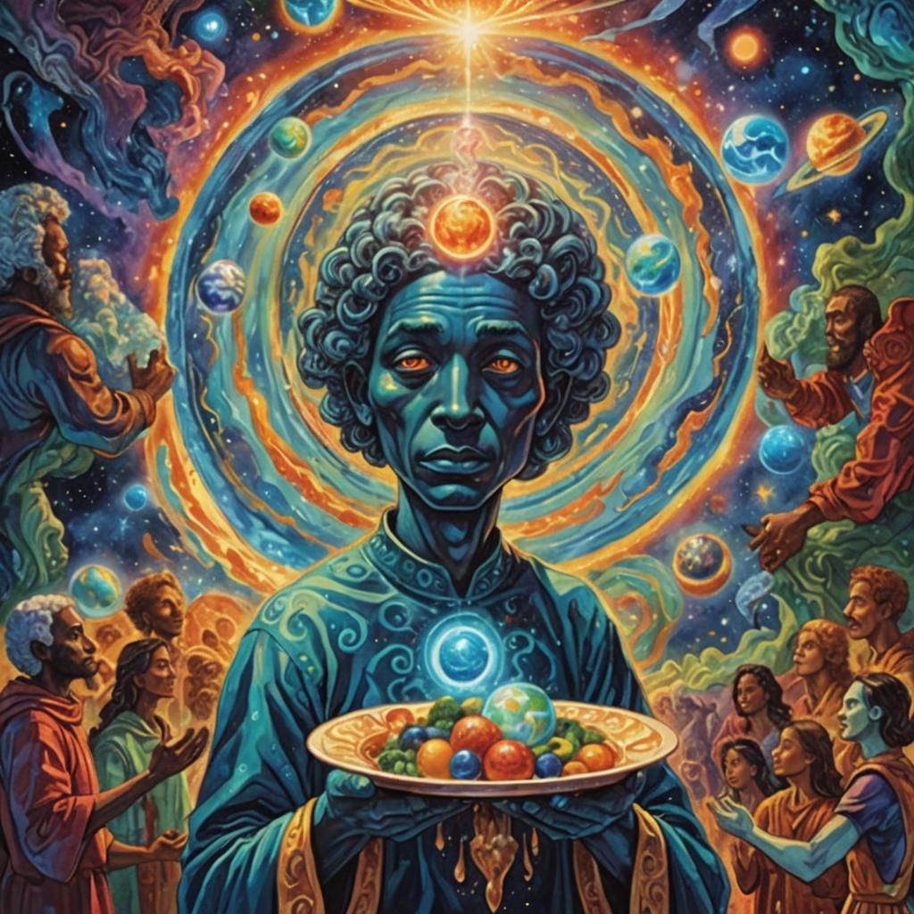 Blue God Serves Earth in Expressionist Cosmic Art