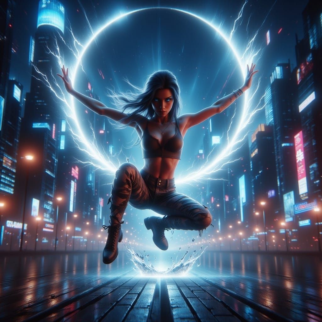 Superpowered Girl Backflip in Neon Cityscape