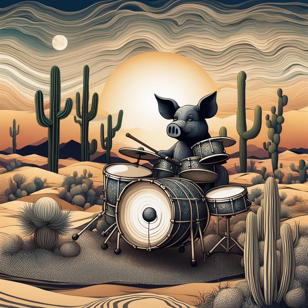 Piggy Drummer in Desert Night: Abstract Vector Art