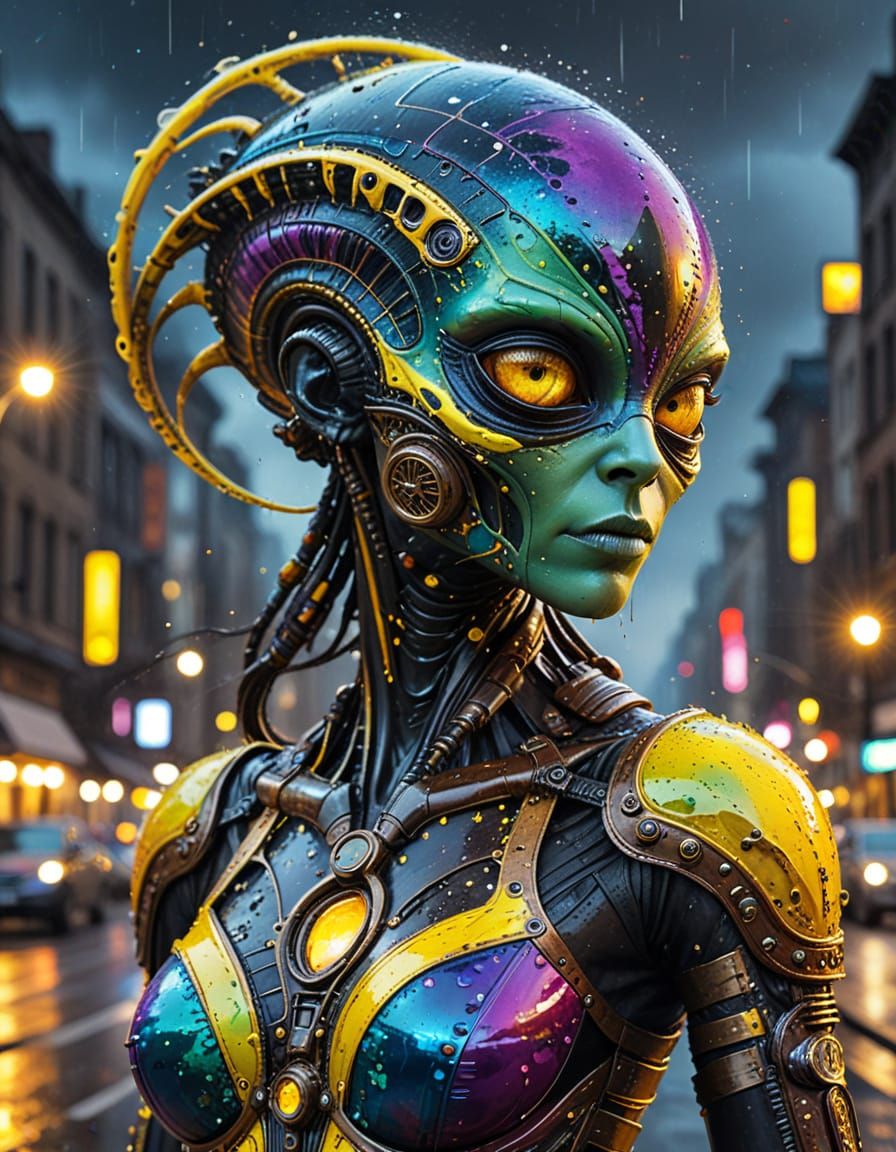 Steampunk Xenomorph in Rainbow Dress