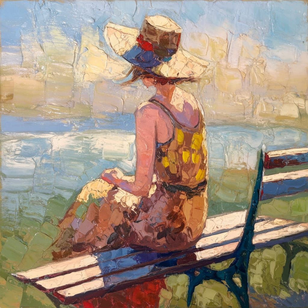 Impressionist Painting of Woman on Bench