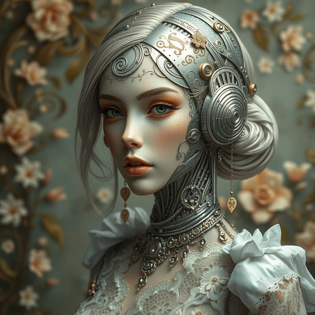 Elegant Steampunk Cyborg with Floral Lace Details