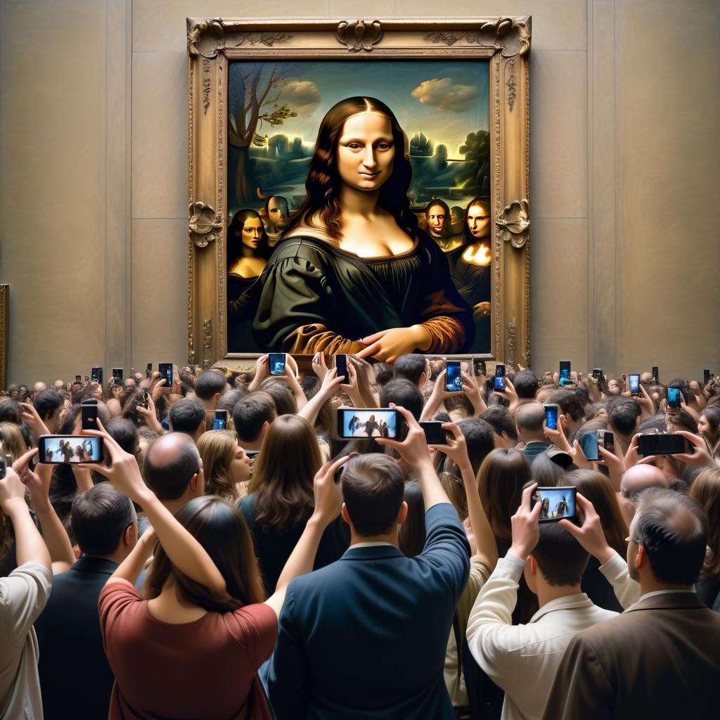 Mona Lisa Obscured by Selfie Crowd: Baroque Oil Painting