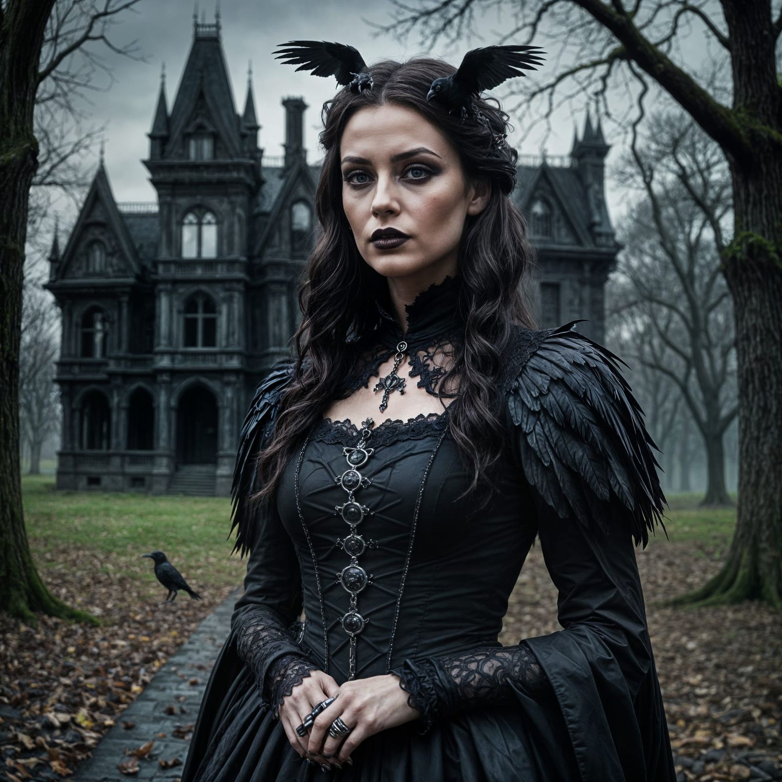 Gothic Woman in Haunted Park: Dark Fantasy Photography