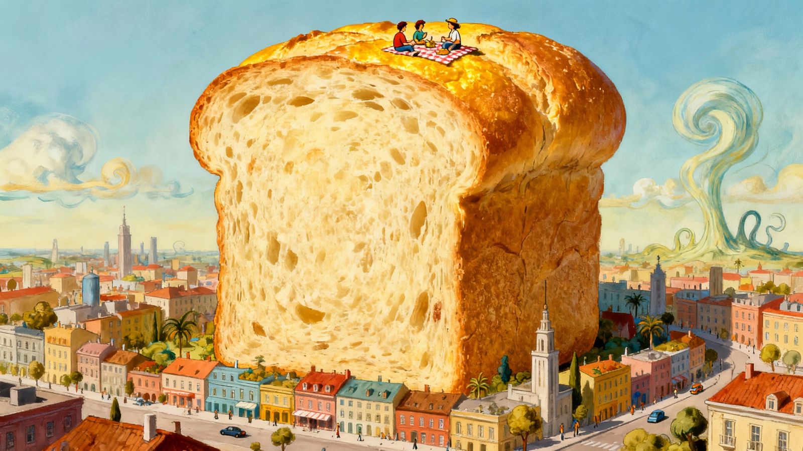 Giant Bread Loaf City Picnic Scene