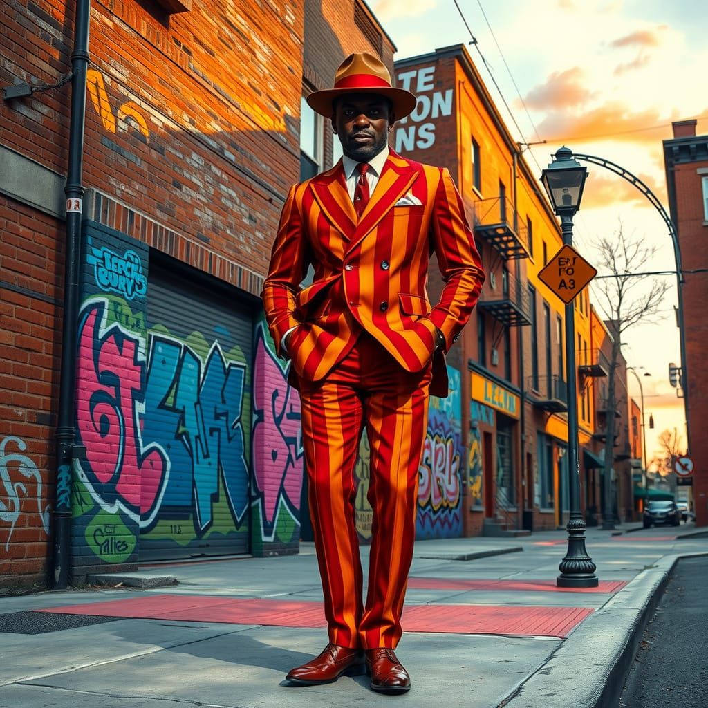 Confident Man in Red and Gold Zoot Suit on Urban Street Corn...