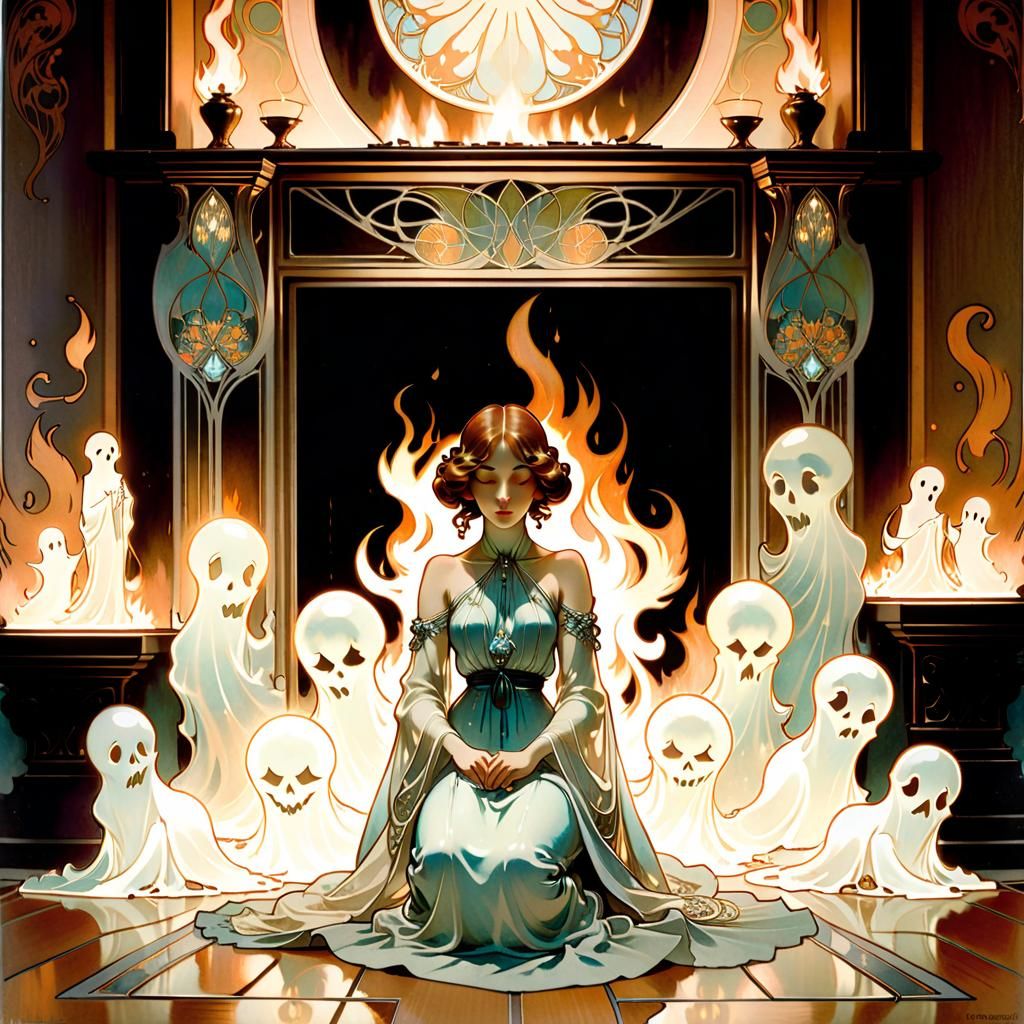 Art Nouveau Woman with Ghosts by Fireplace
