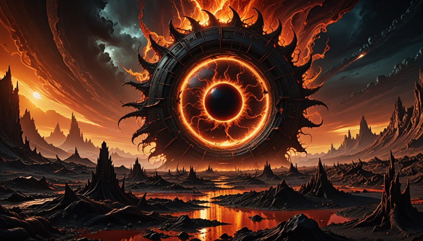 Cyberpunk Black Hole Sun in a Barren Alien Landscape