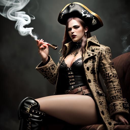 Stylish Pirate Woman Smoking Cigar, Hyperrealistic Image