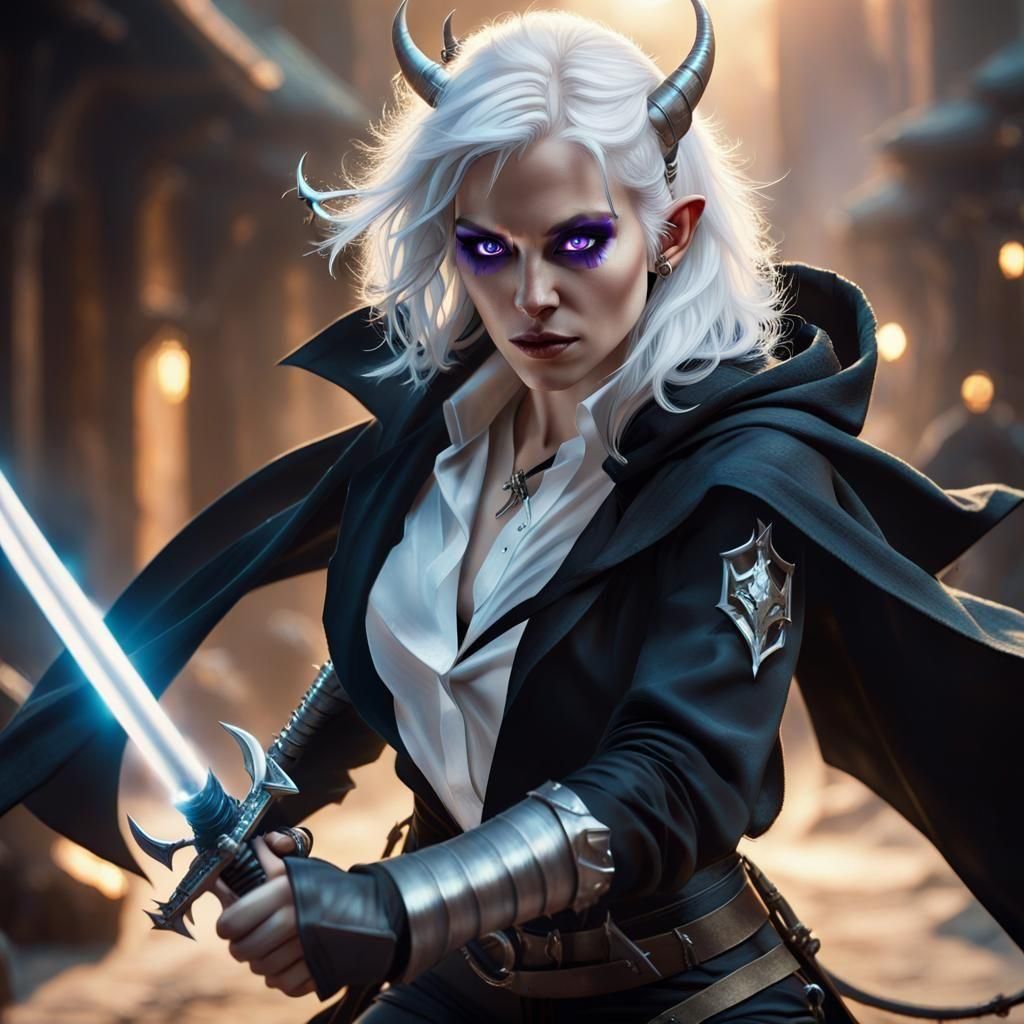 Tiefling Warrior with Glowing Sword, Photorealistic Action S...