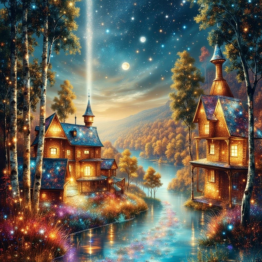 Surreal Landscape with Vibrant Dots and Luminous Light