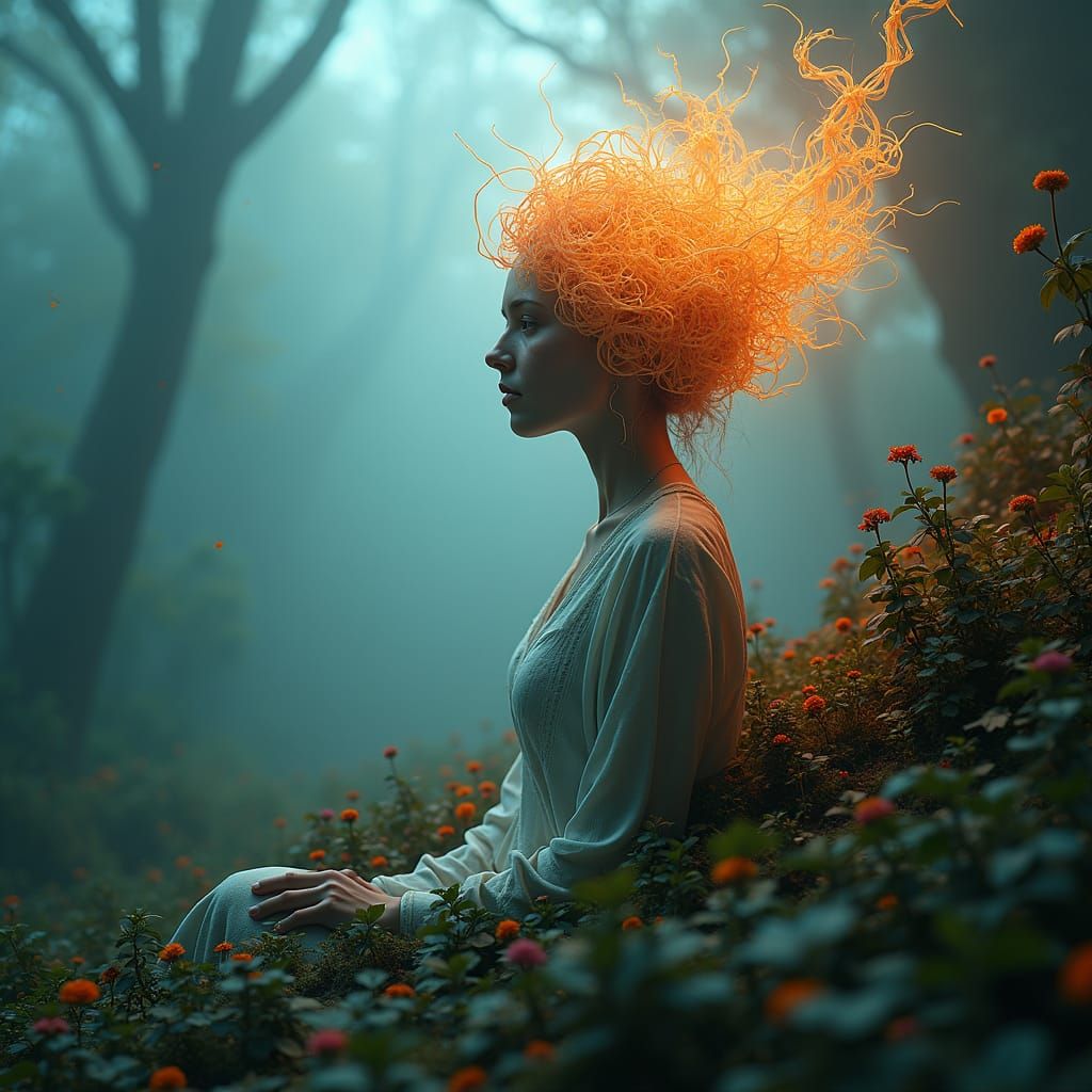 Woman's Mind Blossoming in Surrealist Landscape