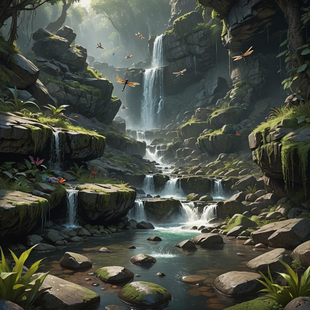 Lush Dark Fantasy Landscape with Waterfall in 8K