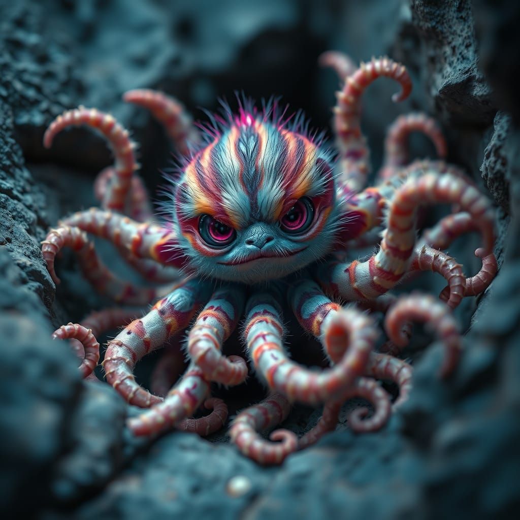 Creepy-Cute Fluffy Creature with Neon Stripes and Tentacles