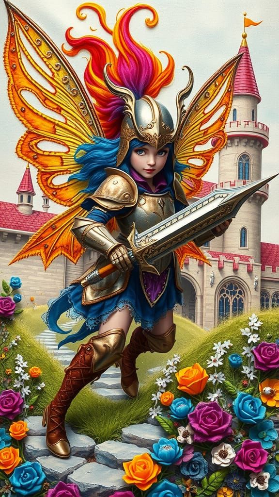 Fantasy Warrior Pixie Girl in Dynamic Flaming Helm