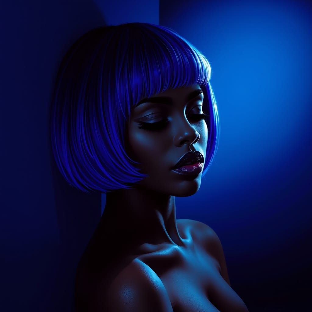 African American Woman With Purple Hair In Dramatic Blue Lig...