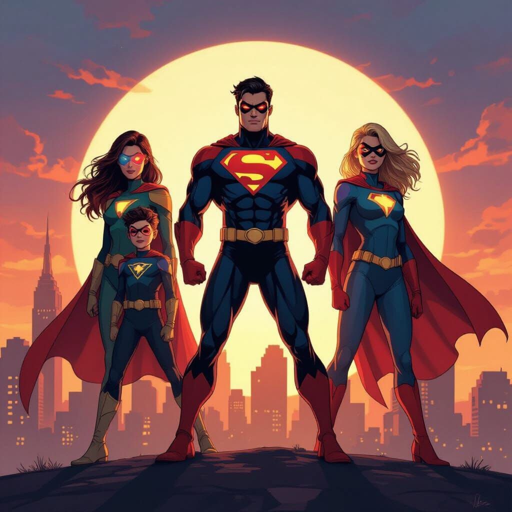 Thompson Family Superheroes Digital Painting at Dusk