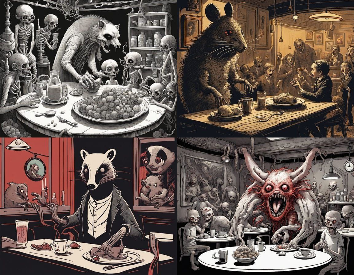 Whimsical Night Cafe Scene in a Disturbing Ladybird Style