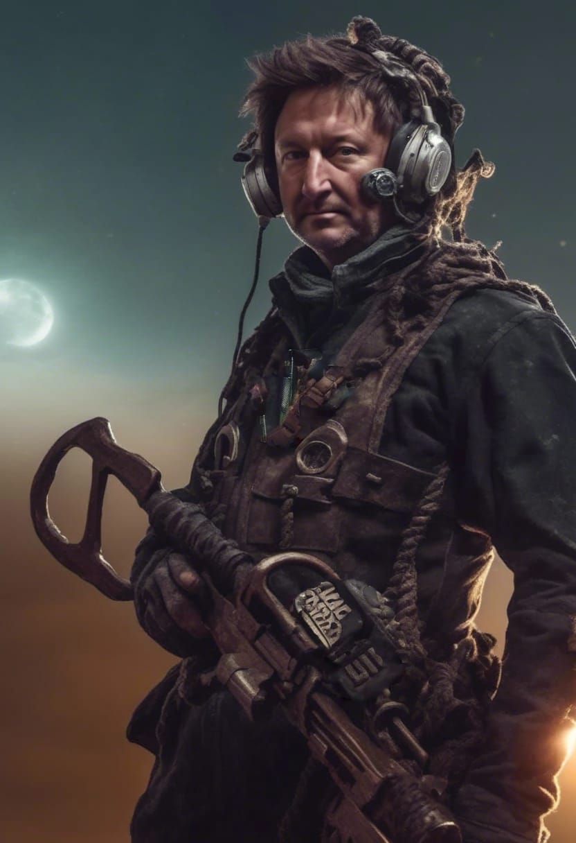 Scruffy steampunk Sci-fi mercenary on a desert planet,