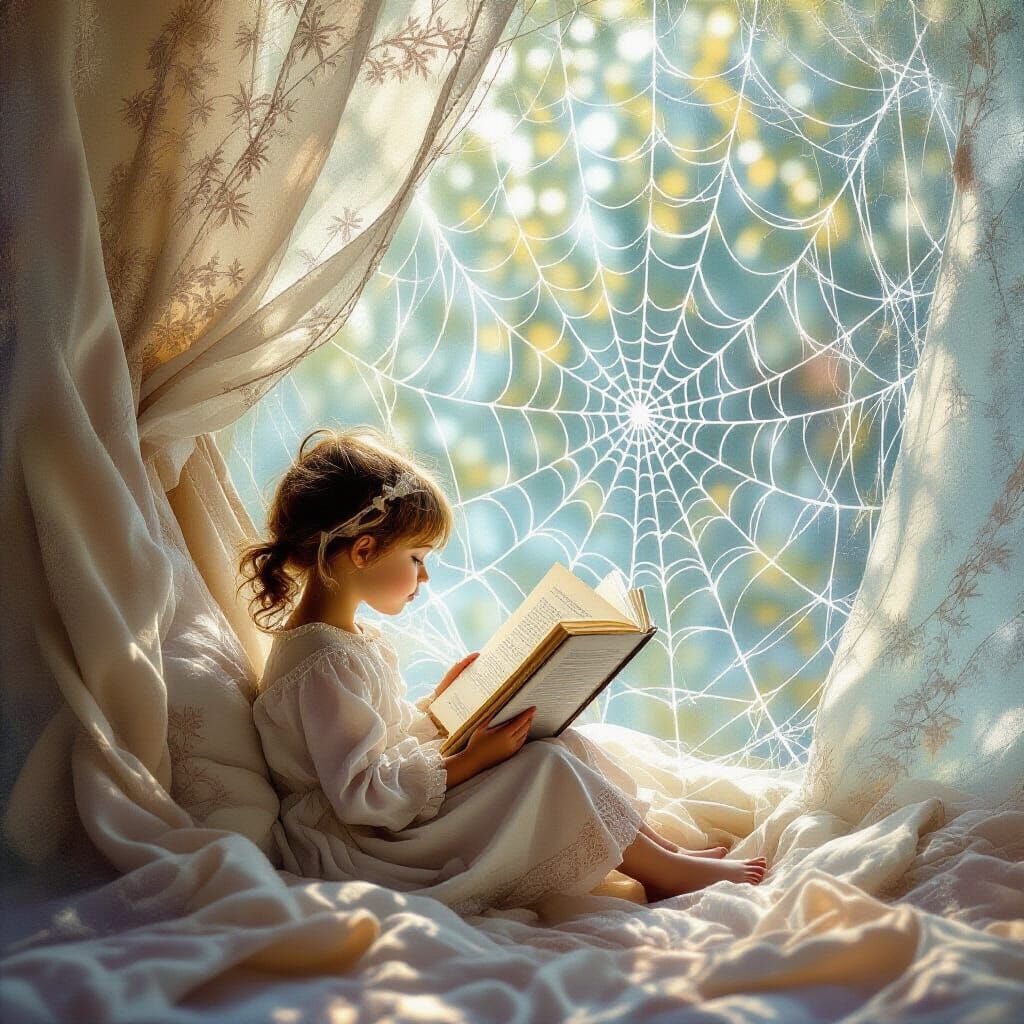 Child Reads Giant Spiderweb Book in Dreamy Impressionist Sty...