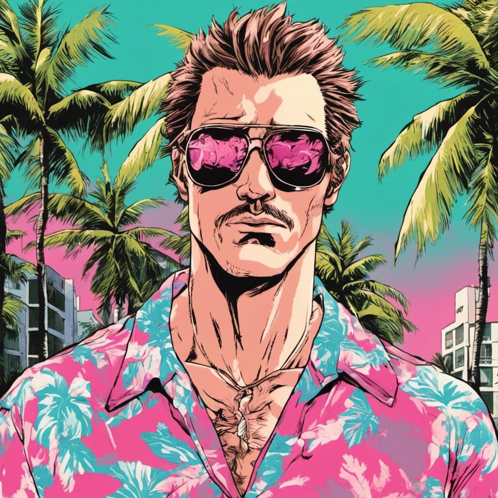 Manga-Style Character in Vaporwave Miami