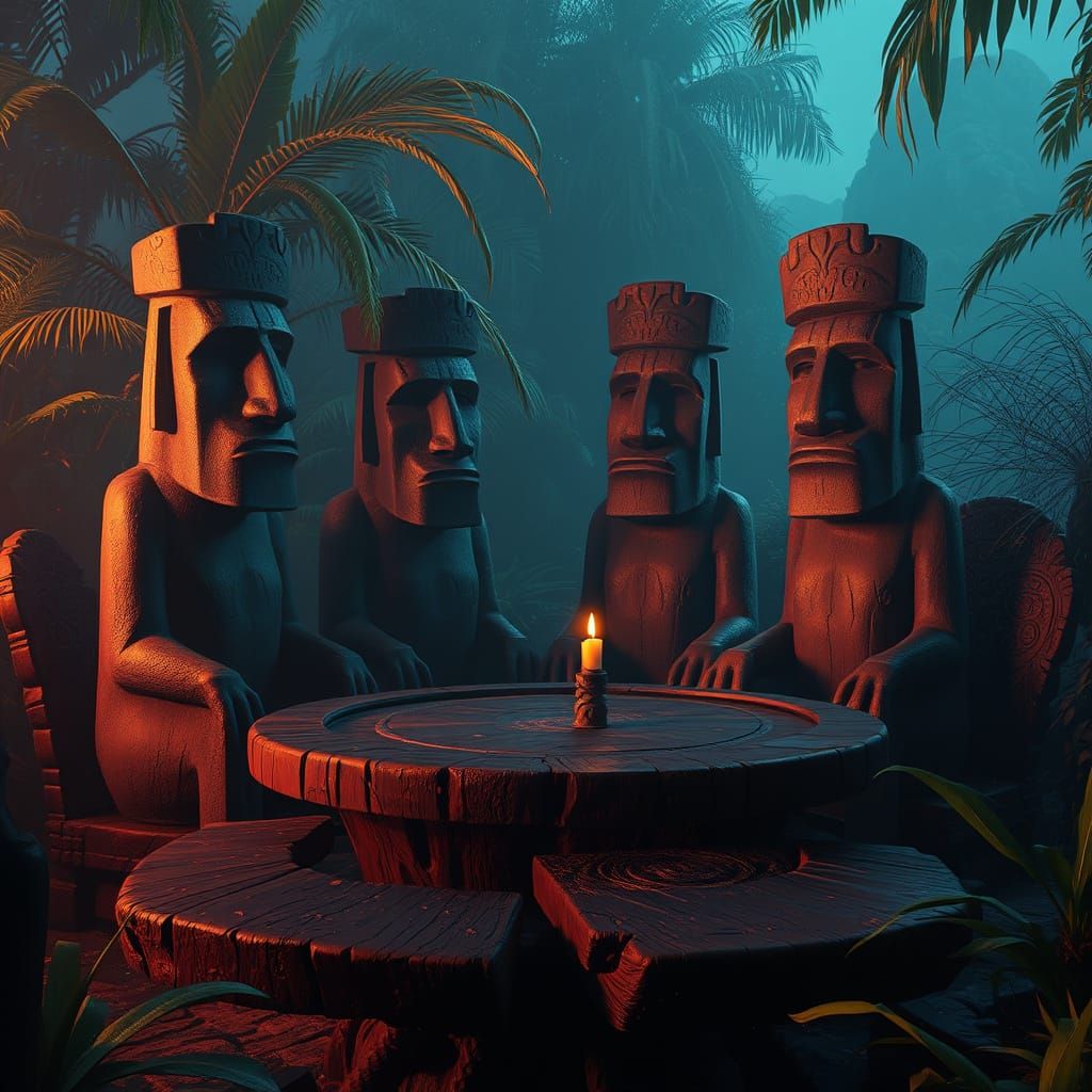 Easter Island Moai Statues Gather in Mysterious Poker Game