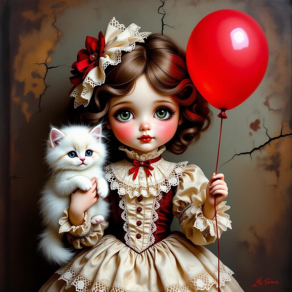 Victorian Girl With Kitten and Balloon in Doll Core Style