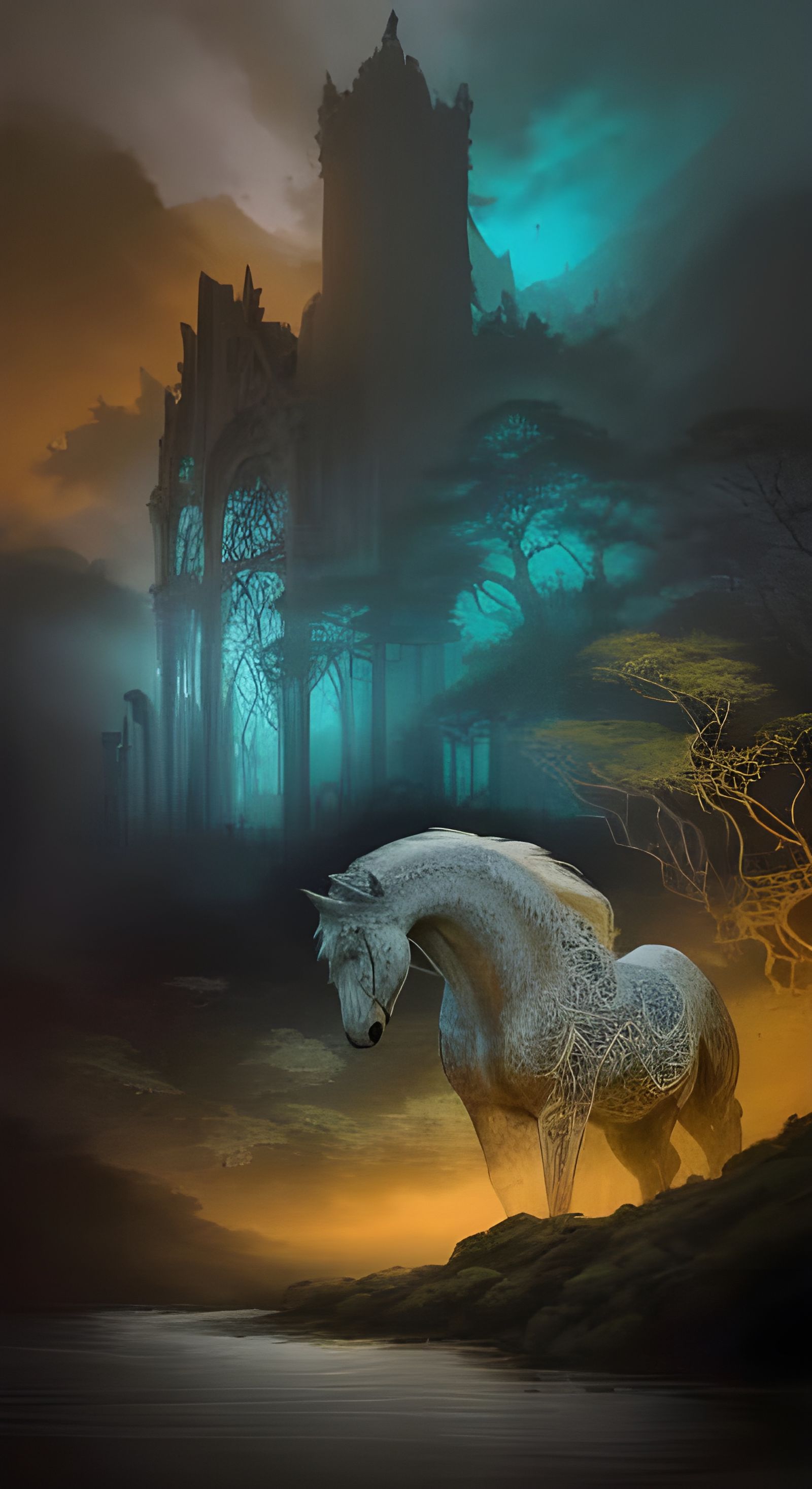 Double Exposure Horse Portrait in Alphonse Mucha Style