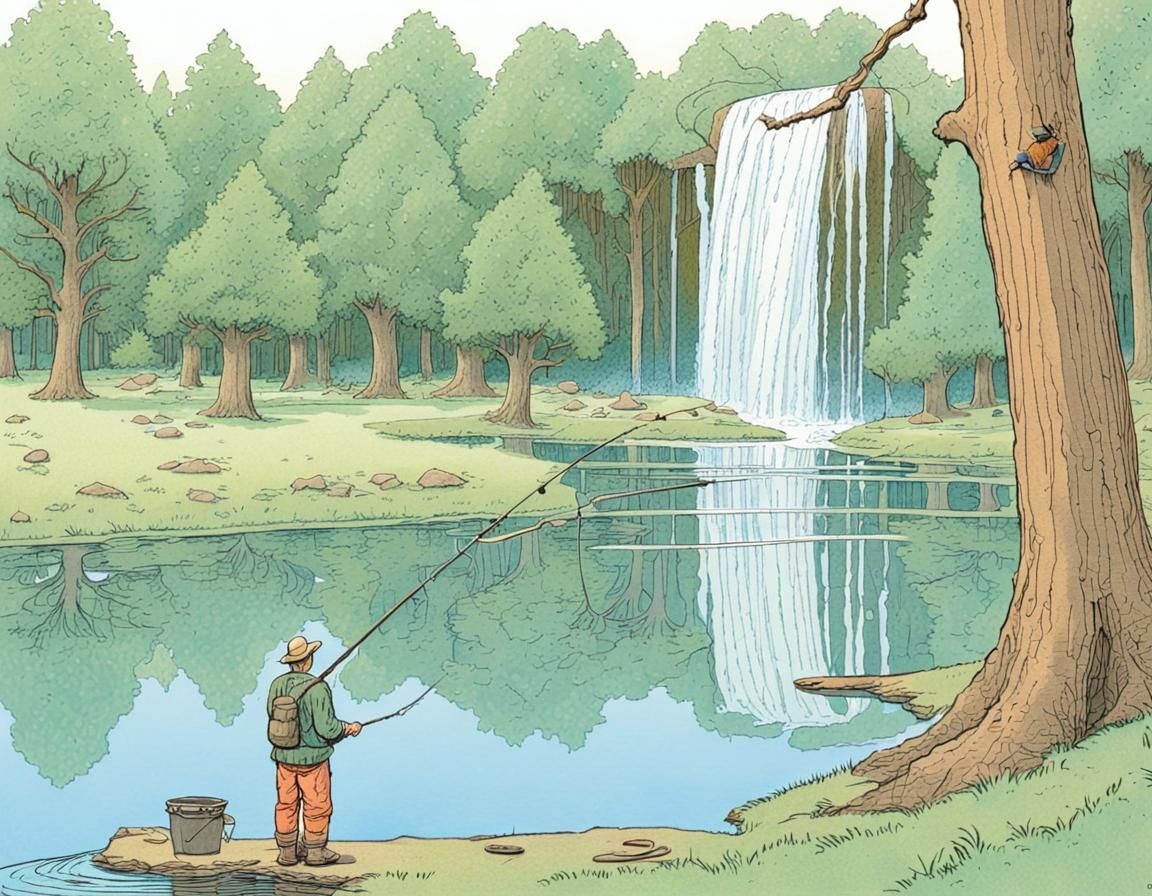 Cascading Waterfall Scene in Moebius Style