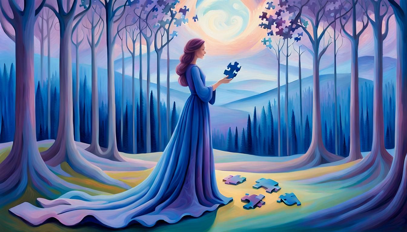 Dreamlike Surrealism: Woman with Puzzle Piece at Twilight