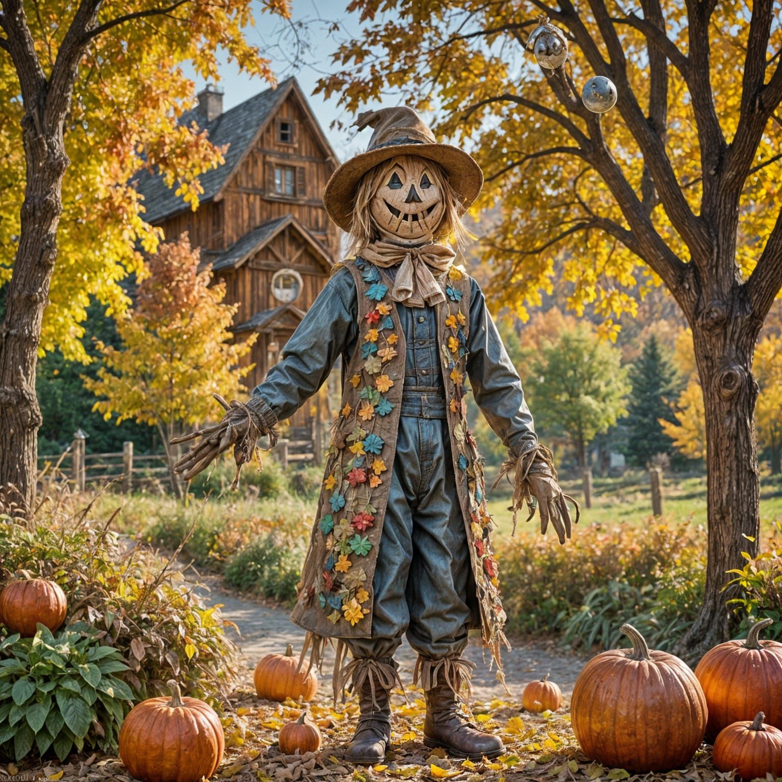 Scarecrow Guardian in Autumn Landscape with Iridescent Bubbl...