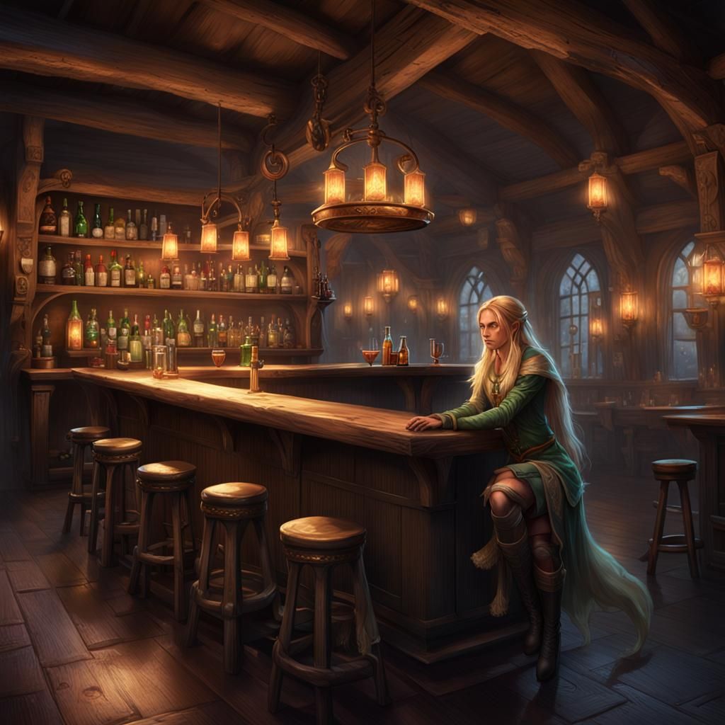Mysterious Elf in Tavern: Dark Fantasy Concept Art