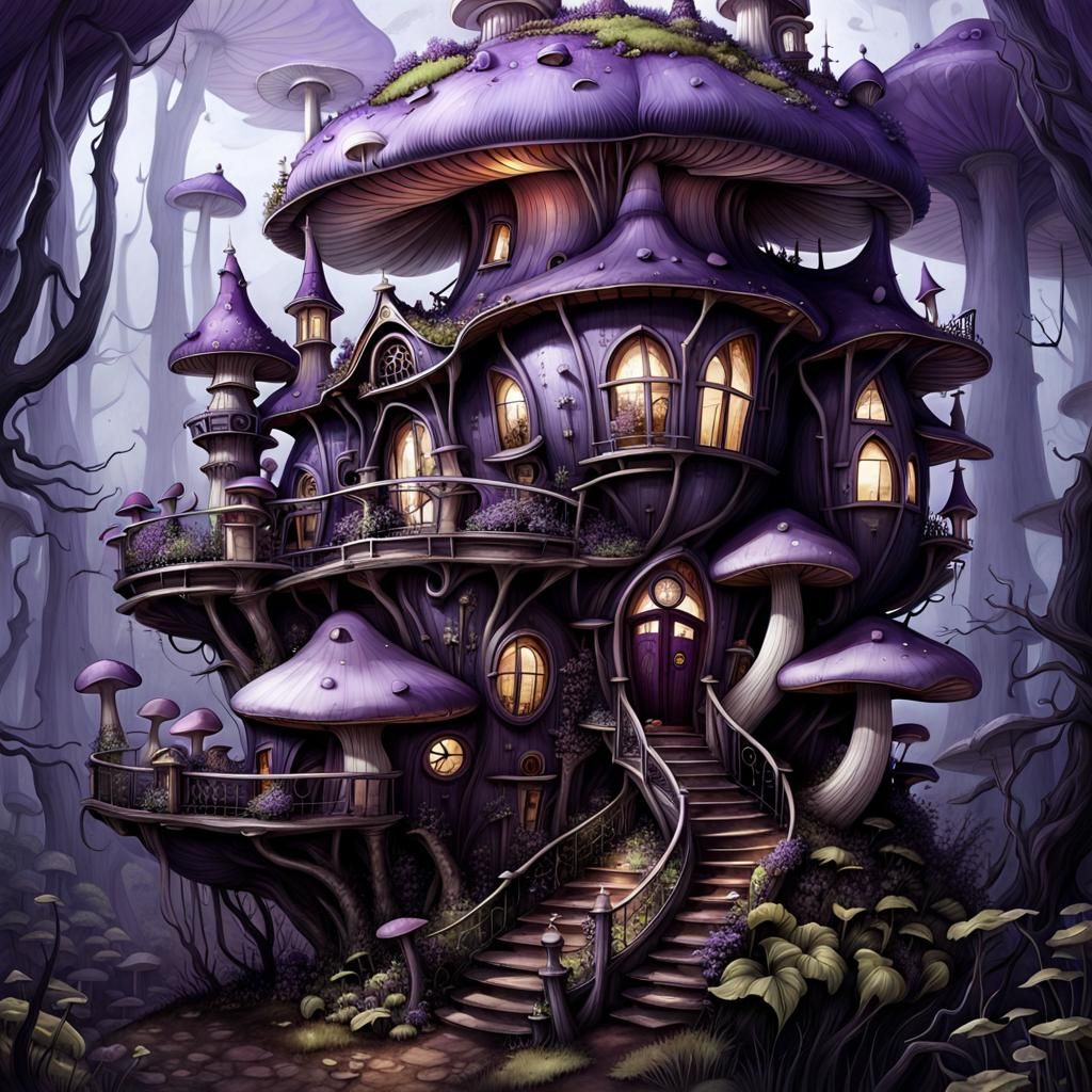 Fairytale Mushroom Steampunk Villa in Solarpunk Jungle