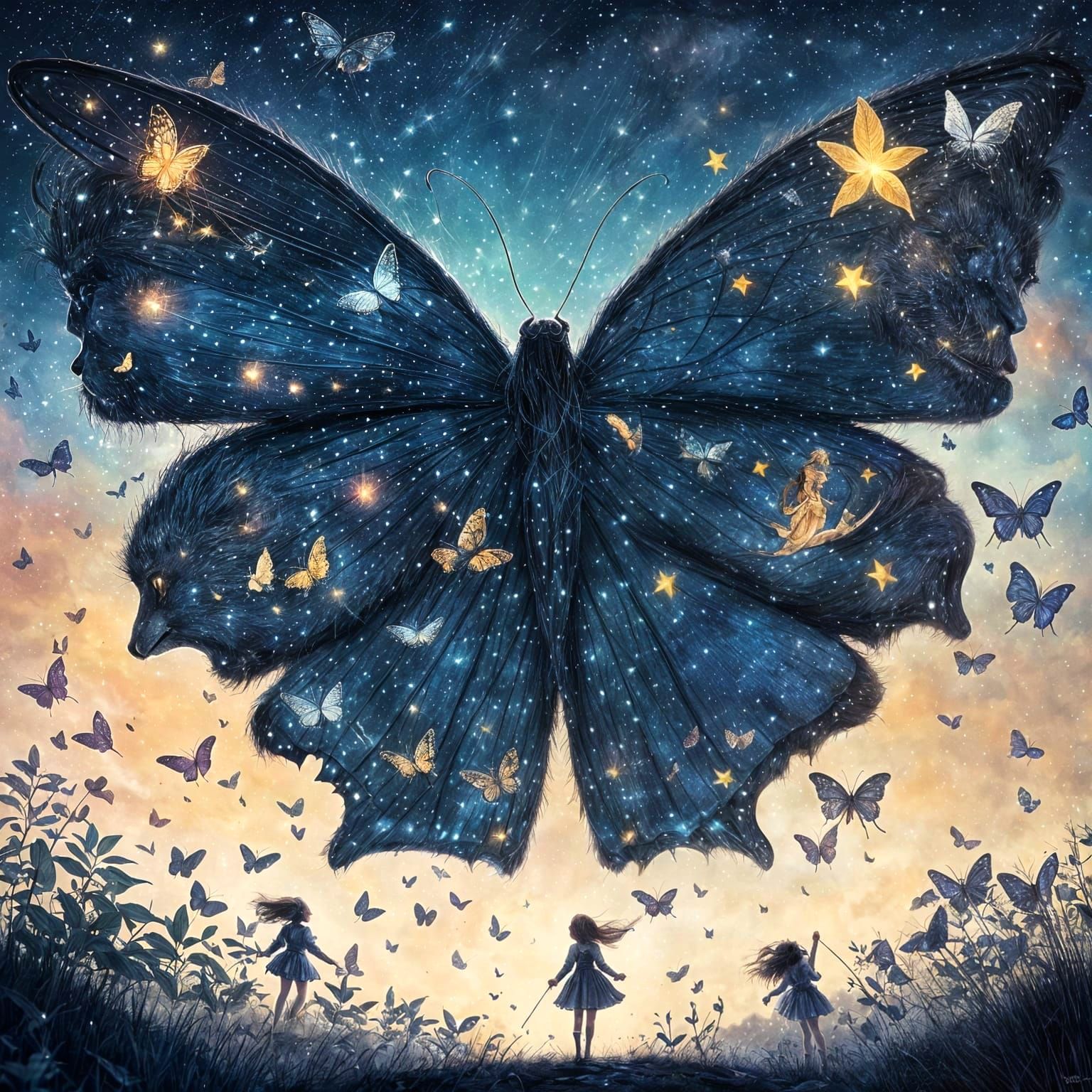 Children Soaring on Butterflies in Fairy Tale Night Sky