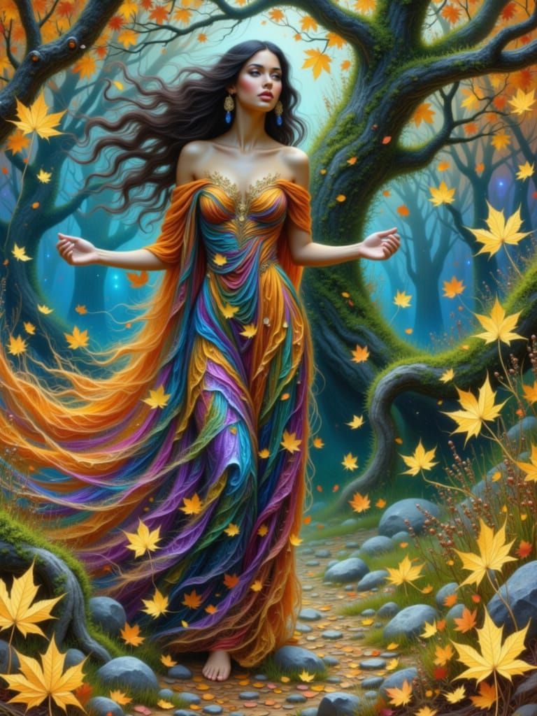 Autumn Goddess Amidst Swirling Leaves in Surreal Vision