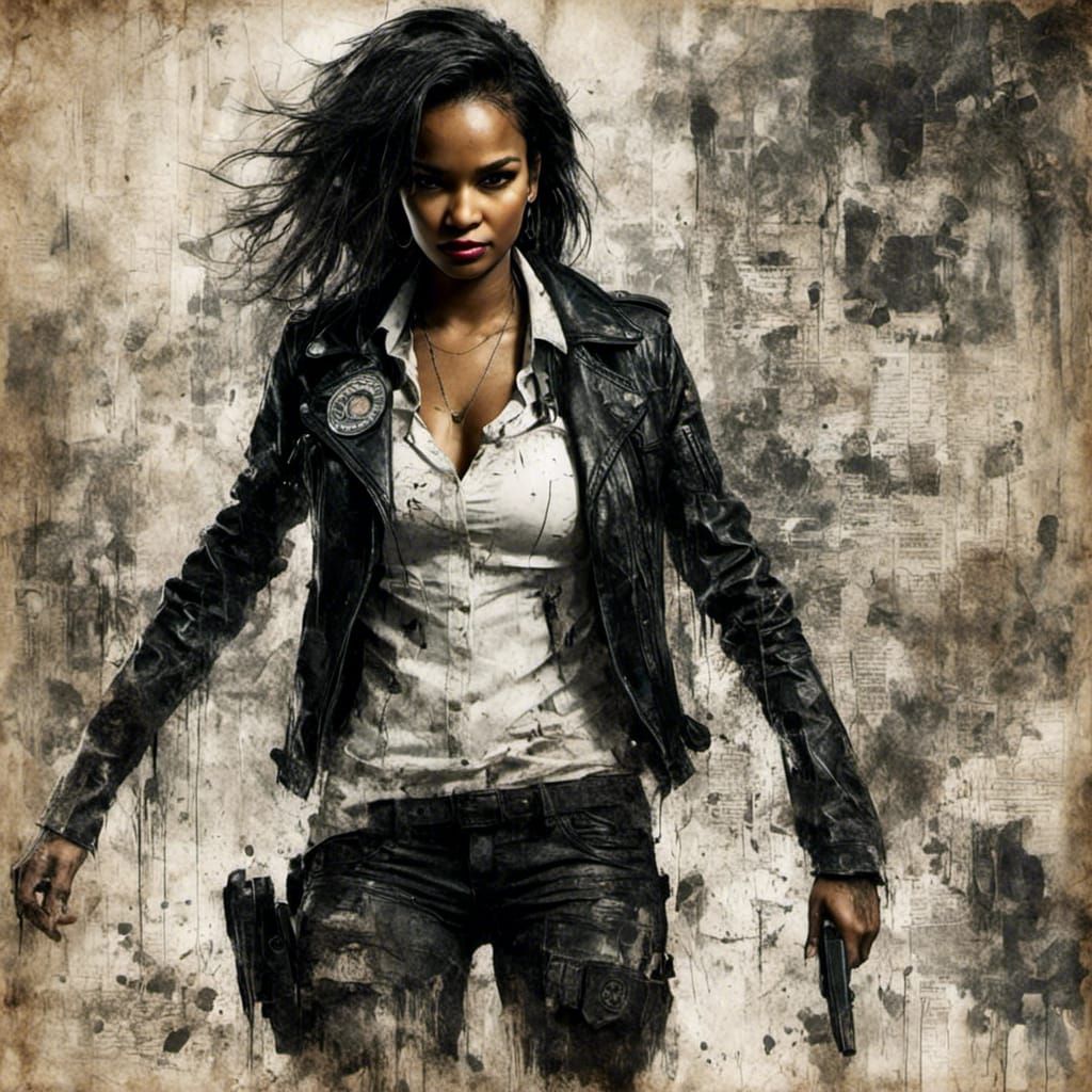 Noir Gothic Policewoman Portrait with Grunge Elements