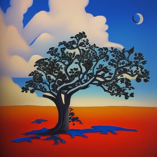 Oak Tree Against Blue Sky in Abstract Style