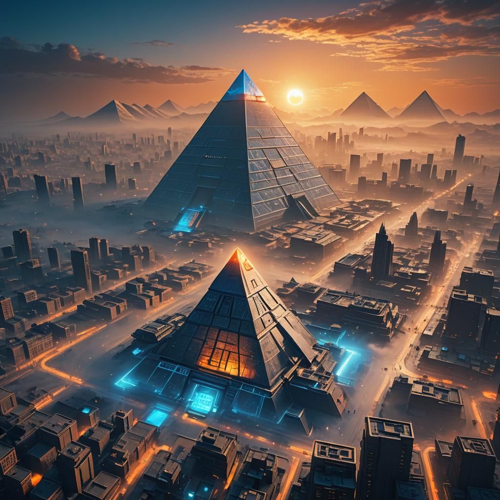 Cyberpunk Metropolis Panorama at Sunrise in Film Style