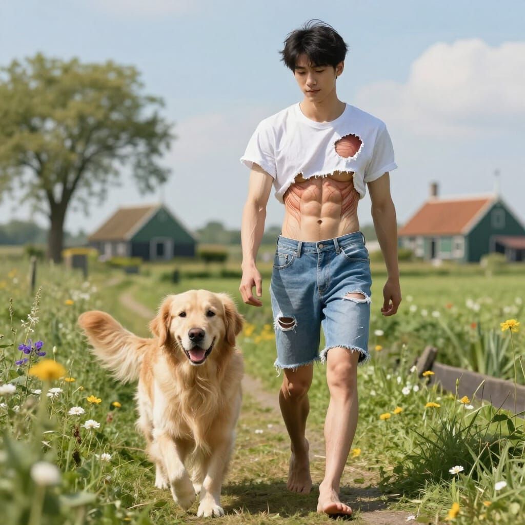 Young Man and Golden Retriever in Dutch Countryside