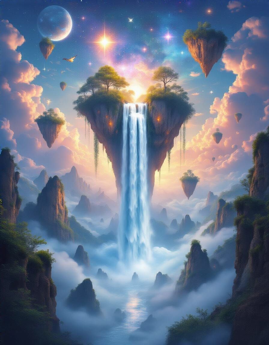 Surreal Dreamscape: Upward Waterfall and Floating Islands